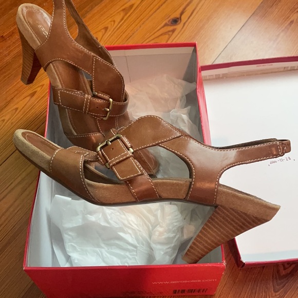 Women’s Dark Tan Leather Wooden Heeled Sandals - Picture 2 of 11